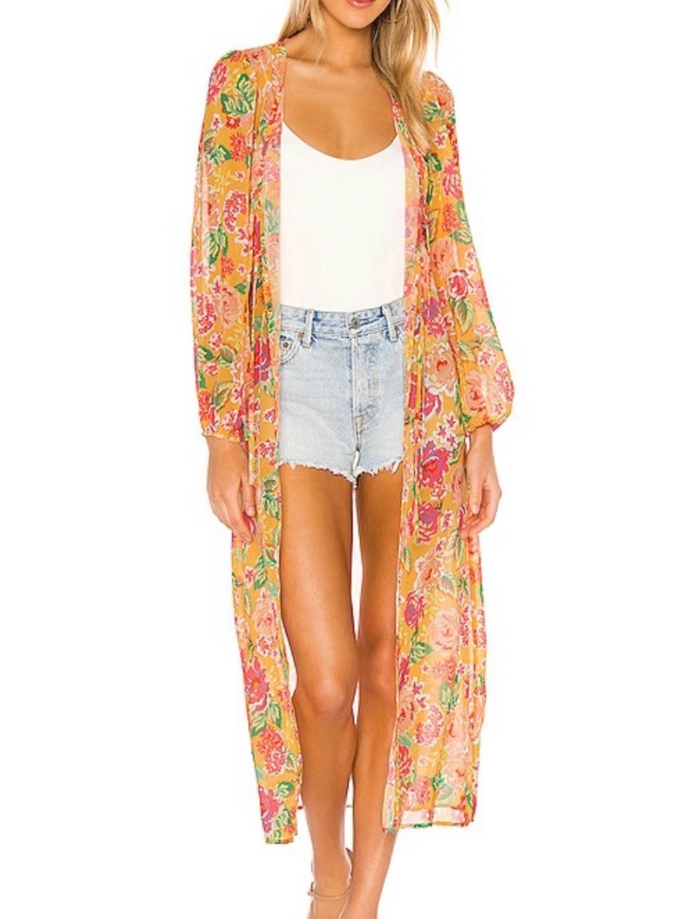 Lovers + Friends Orange Floral Sheer Kimono Duster